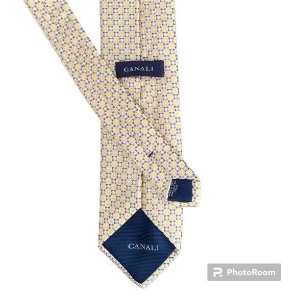 Canali Men's Silk Neck Tie, Yellow/Periwinkle Geometric Jacquard Patterned - Picture 6 of 9